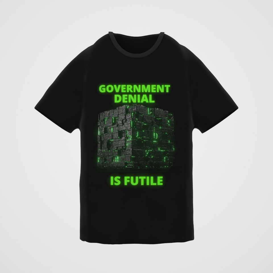 Government Denial Is Futile Tee, 360° view at 0° (3D render of the real print)