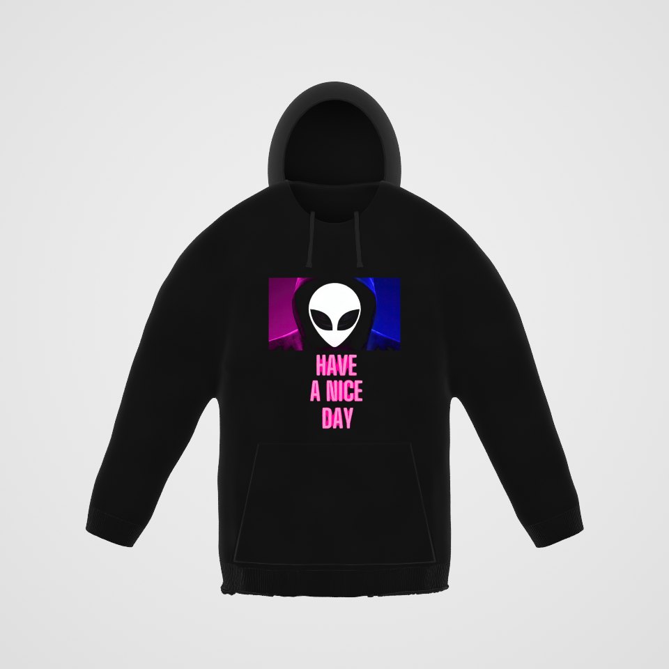 Have a Nice Day Alien Hoodie, 360° view at 0° (3D render of the real print)