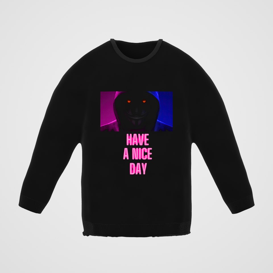 Have a Nice Day Mask Crewneck Sweatshirt, 360° view at 0° (3D render of the real print)