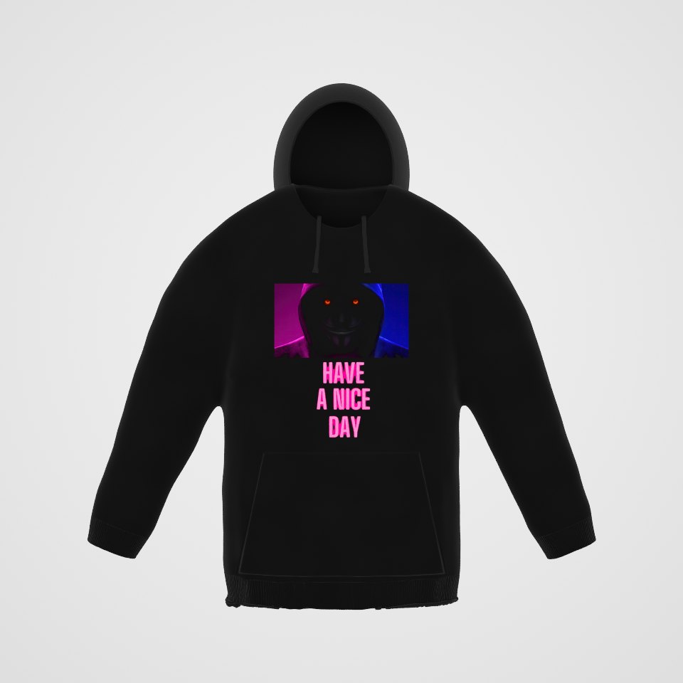 Have a Nice Day Mask Hoodie, 360° view at 0° (3D render of the real print)