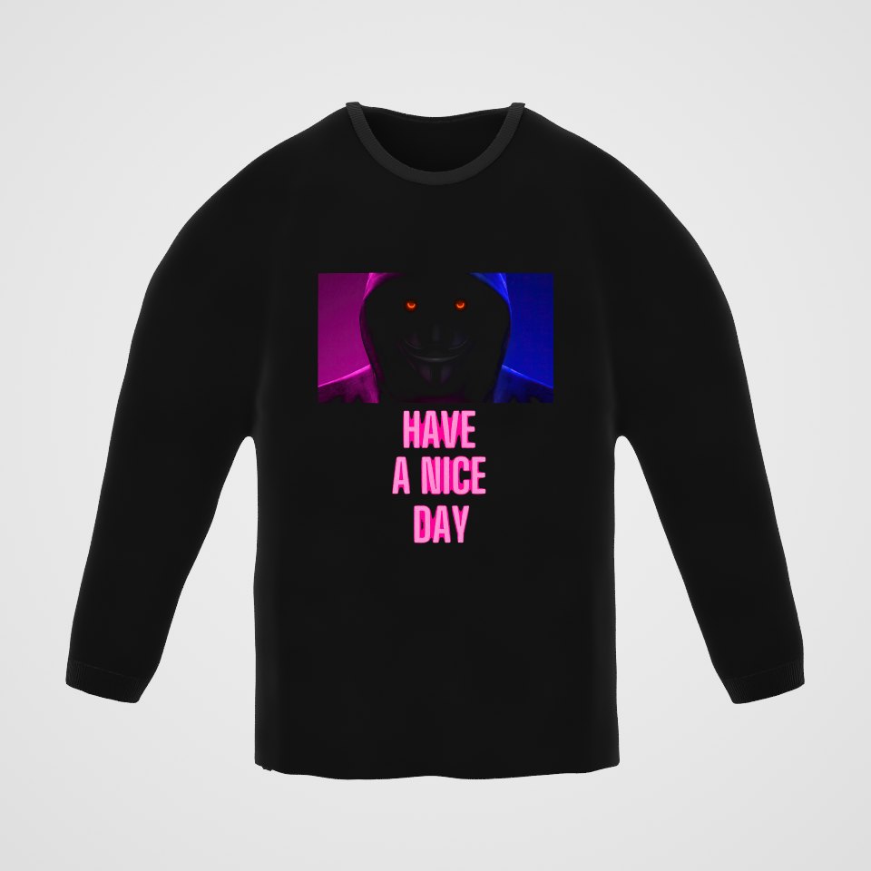 Have a Nice Day Mask Long Sleeve Tee, 360° view at 0° (3D render of the real print)