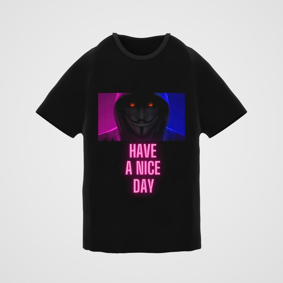 Have a Nice Day Mask Tee, 360° view at 0° (3D render of the real print)