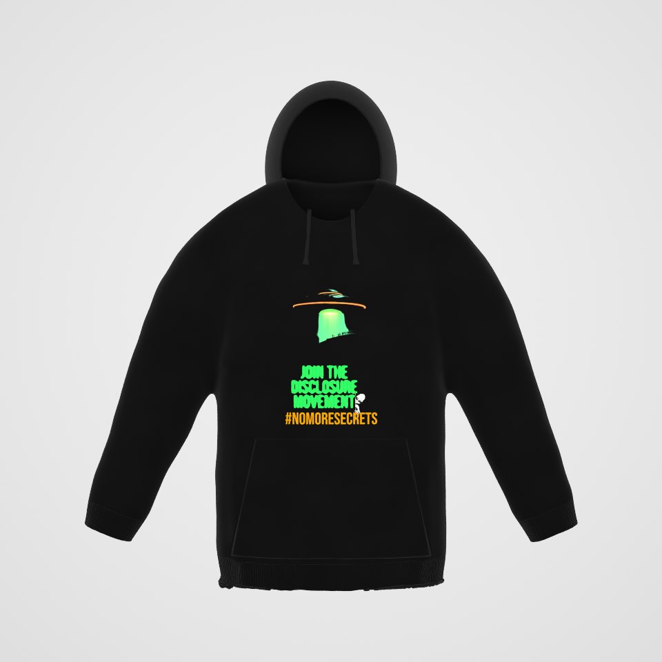Join the Disclosure Movement Hoodie, 360° view at 0° (3D render of the real print)