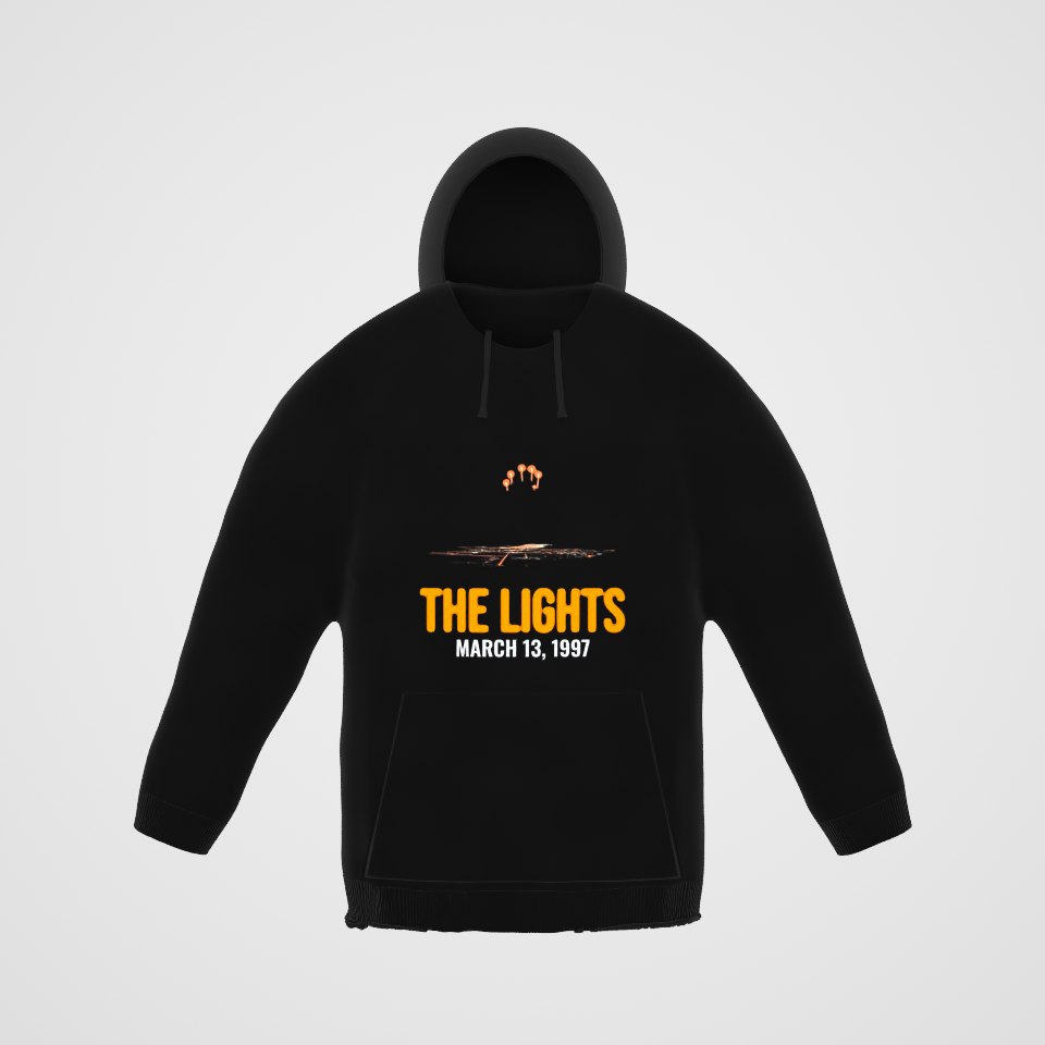 Lights Over the Desert 1997 Hoodie, 360° view at 0° (3D render of the real print)