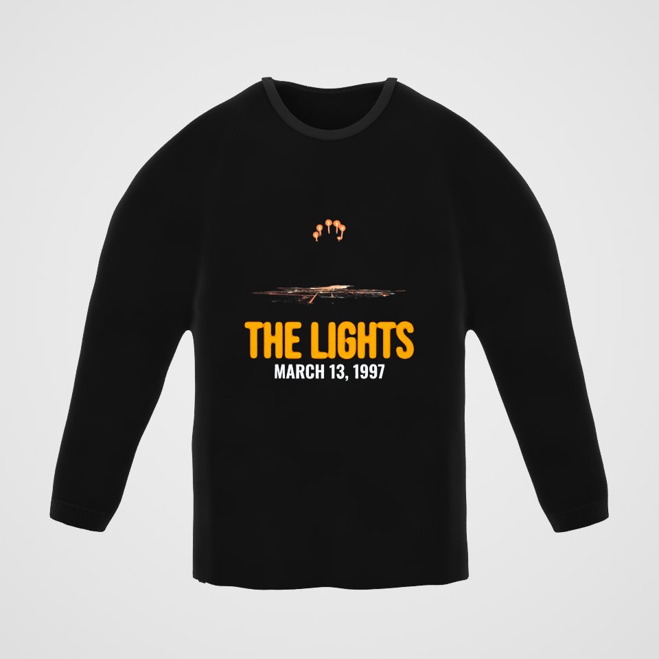 Lights Over the Desert 1997 Long Sleeve Tee, 360° view at 0° (3D render of the real print)