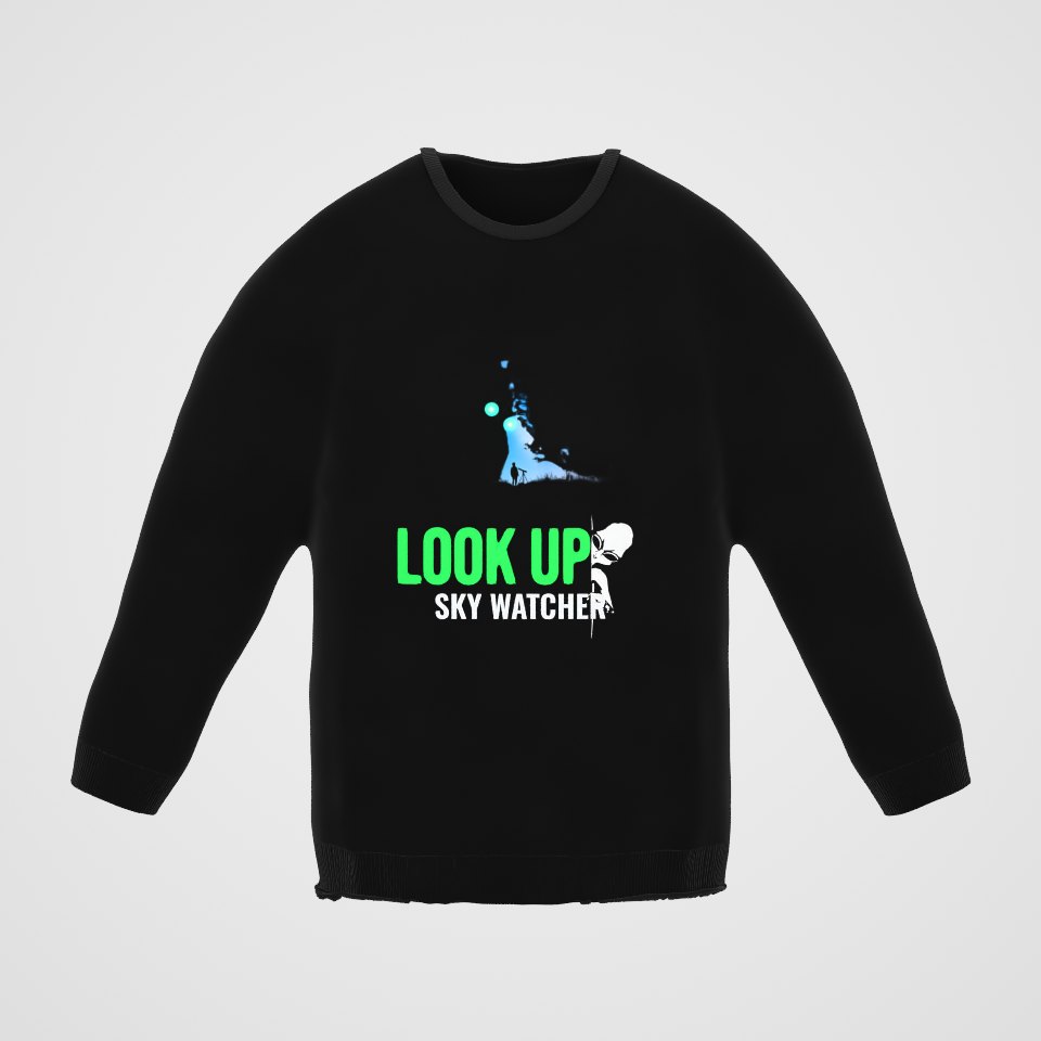 Look Up Sky Watcher Crewneck Sweatshirt, 360° view at 0° (3D render of the real print)