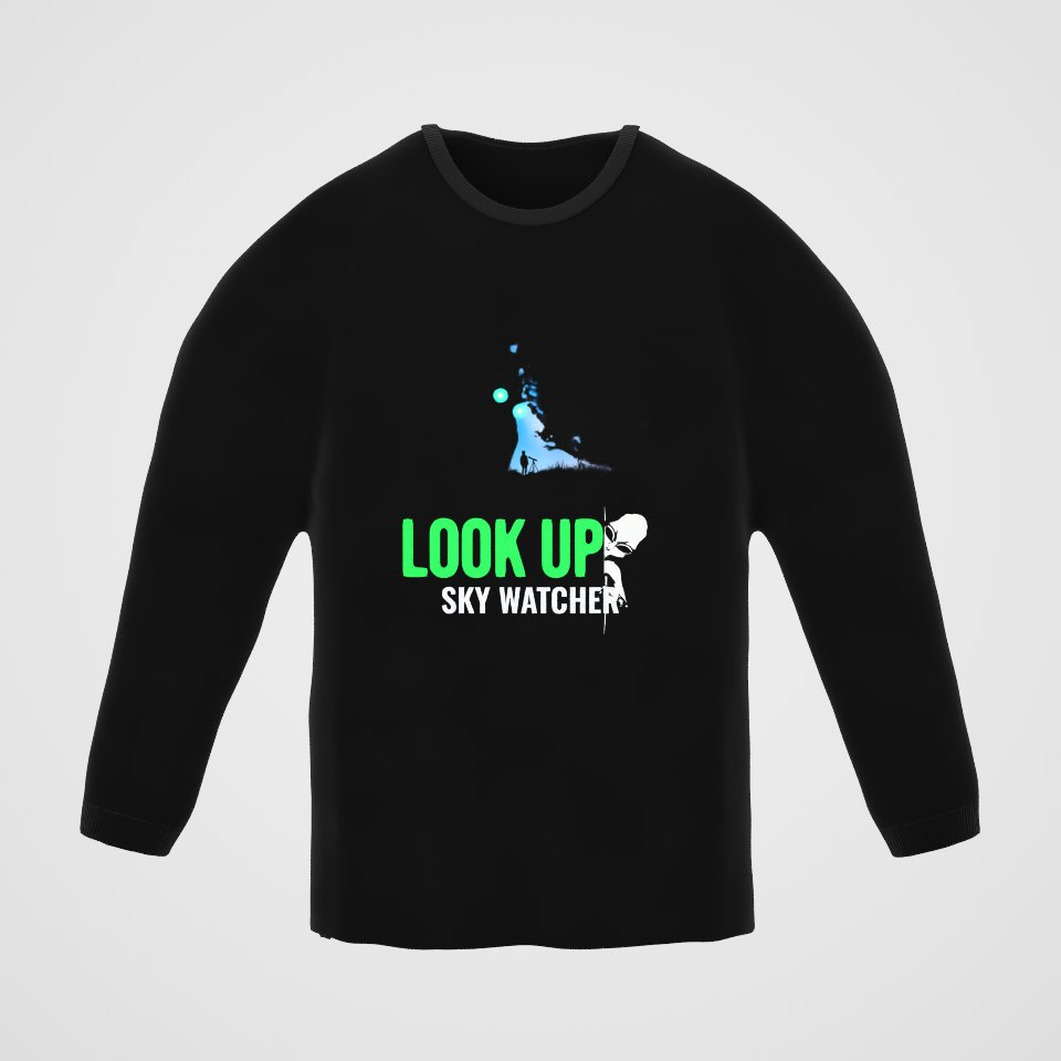 Look Up Sky Watcher Long Sleeve Tee, 360° view at 0° (3D render of the real print)