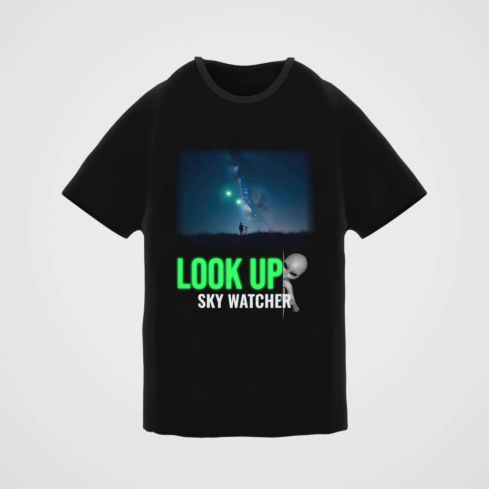 Look Up Sky Watcher Tee, 360° view at 0° (3D render of the real print)
