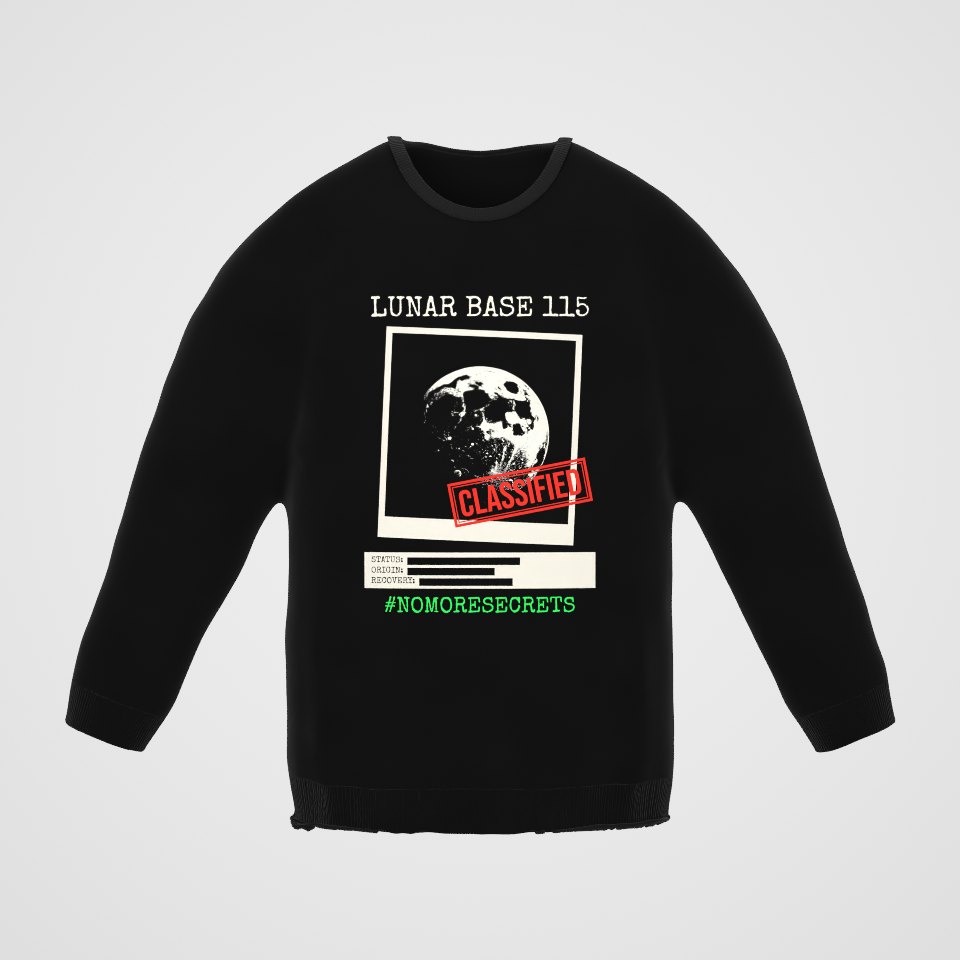 Lunar Base 115 Classified Crewneck Sweatshirt, 360° view at 0° (3D render of the real print)