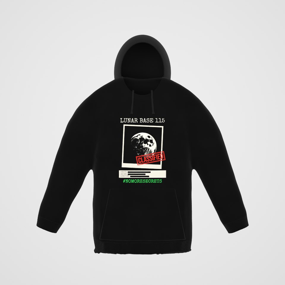 Lunar Base 115 Classified Hoodie, 360° view at 0° (3D render of the real print)