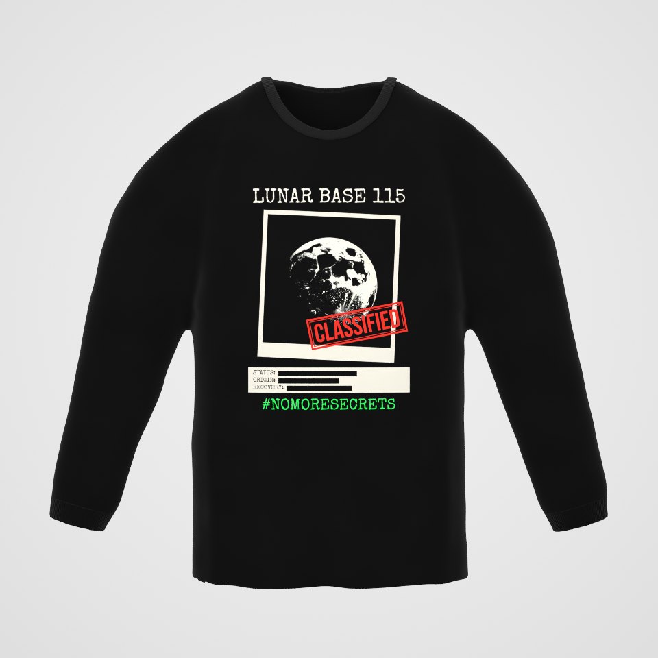Lunar Base 115 Classified Long Sleeve Tee, 360° view at 0° (3D render of the real print)