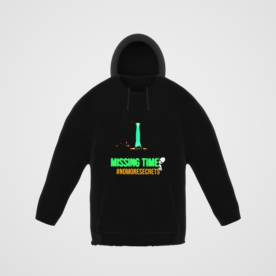 Missing Time Hoodie, 360° view at 0° (3D render of the real print)