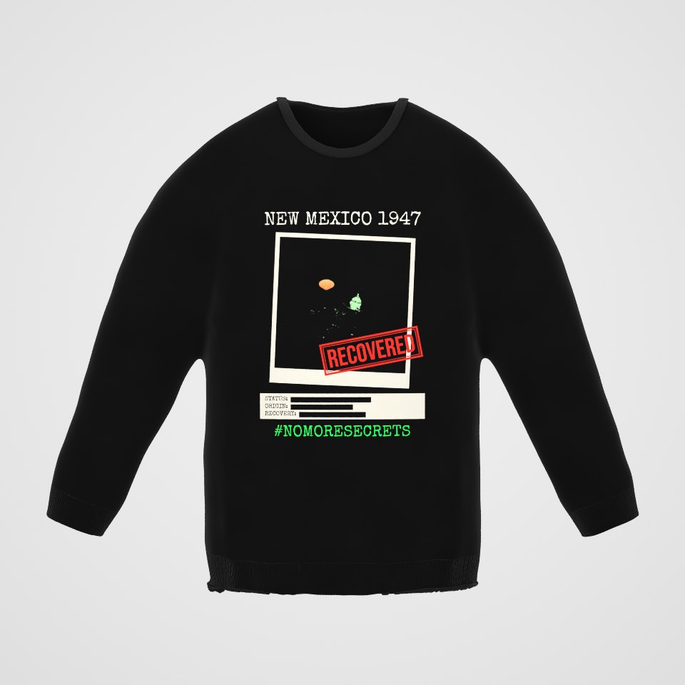 New Mexico 1947 Disc Recovered Crewneck Sweatshirt, 360° view at 0° (3D render of the real print)