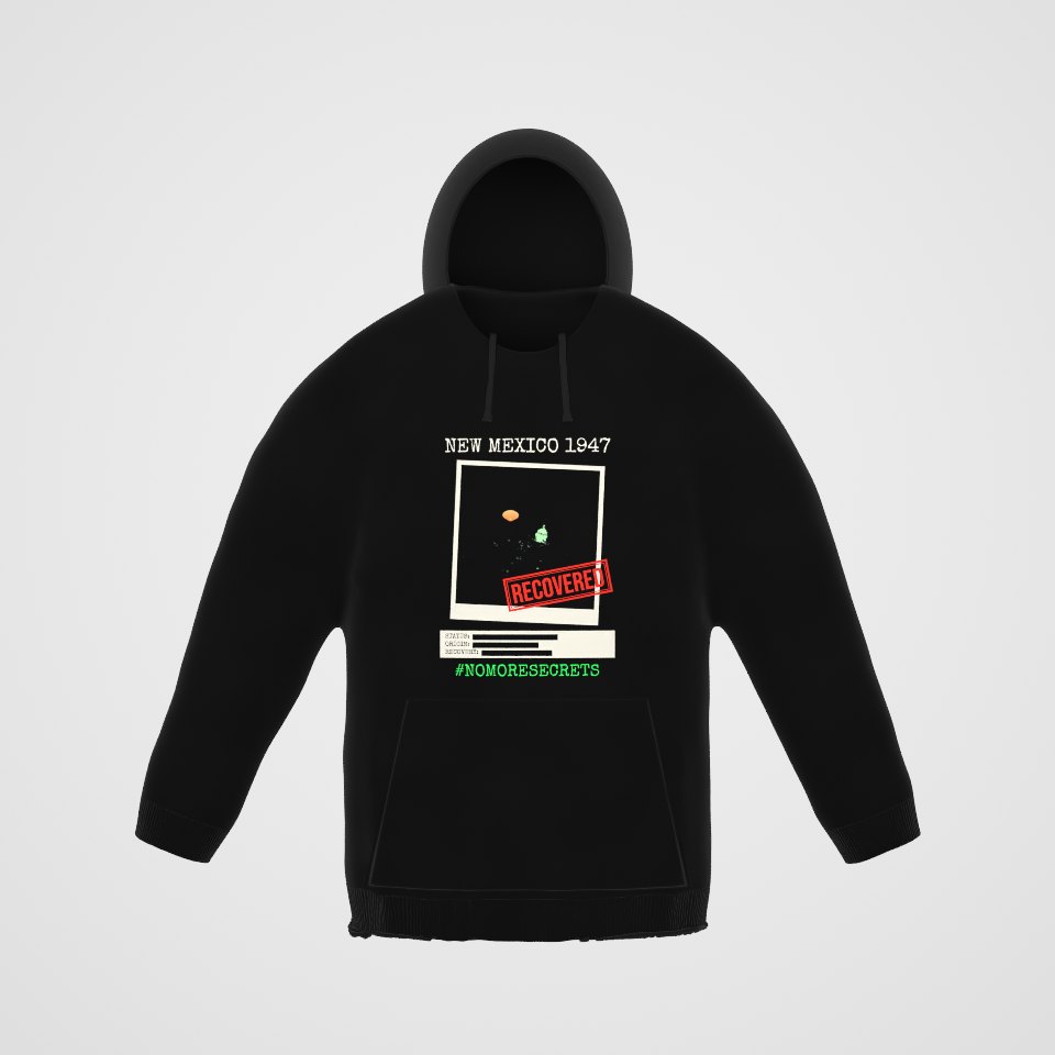 New Mexico 1947 Disc Recovered Hoodie, 360° view at 0° (3D render of the real print)