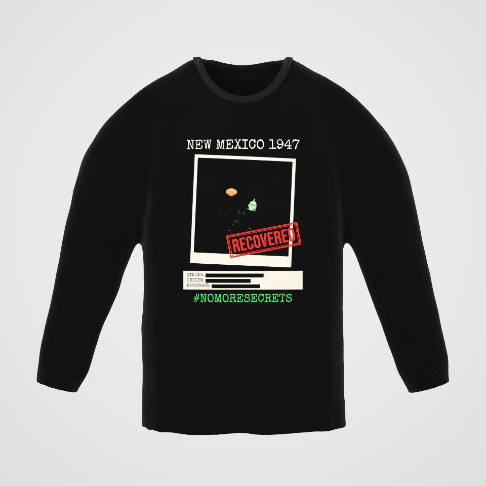 New Mexico 1947 Disc Recovered Long Sleeve Tee, 360° view at 0° (3D render of the real print)