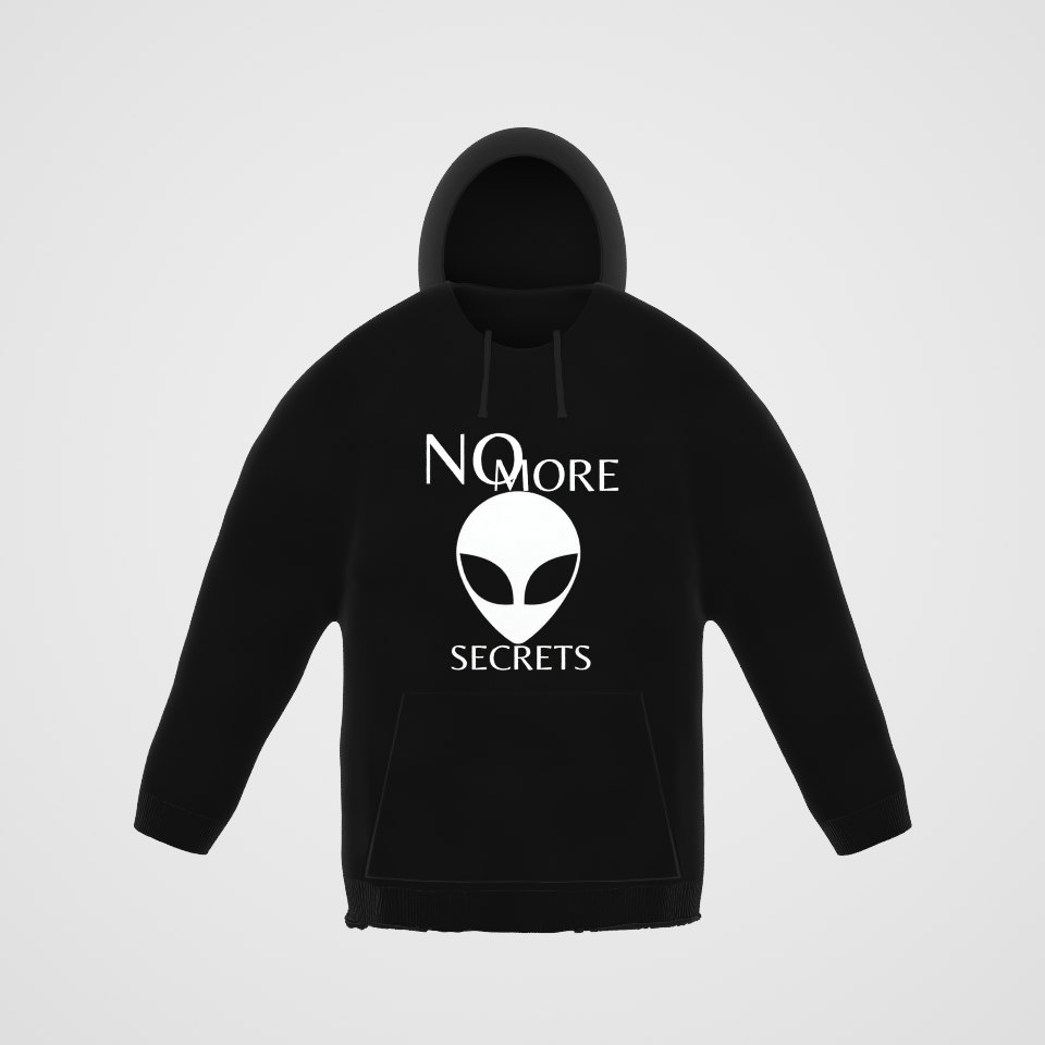 No More Secrets Area 51 Hoodie, 360° view at 0° (3D render of the real print)