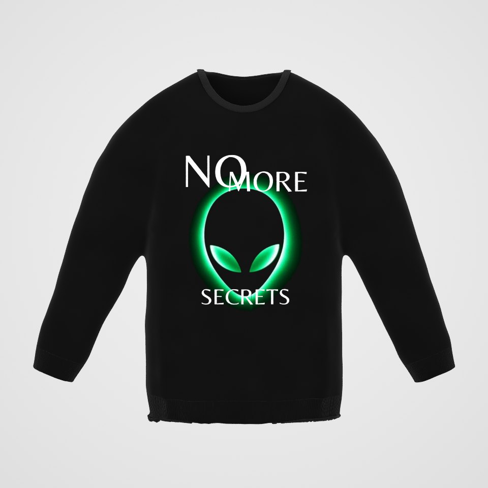 No More Secrets Green Glow Alien Face Crewneck Sweatshirt, 360° view at 0° (3D render of the real print)