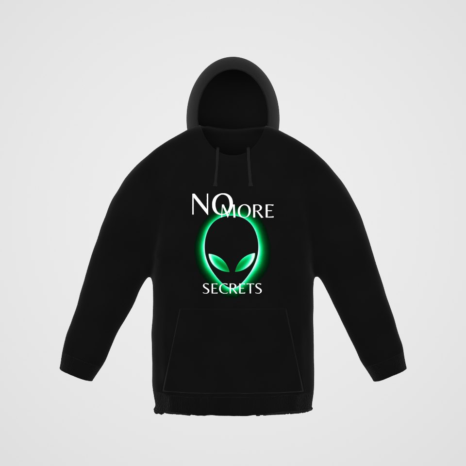 No More Secrets Green Glow Alien Face Hoodie, 360° view at 0° (3D render of the real print)