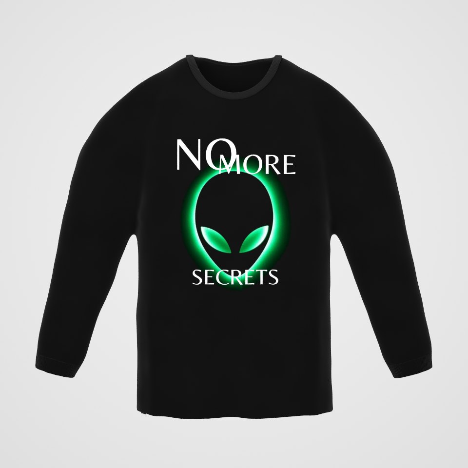 No More Secrets Green Glow Alien Face Long Sleeve Tee, 360° view at 0° (3D render of the real print)