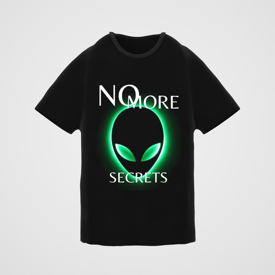 No More Secrets Green Glow Alien Face Tee, 360° view at 0° (3D render of the real print)
