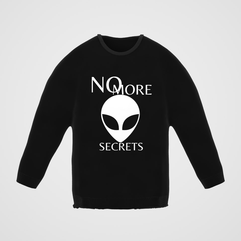 No More Secrets White Alien Face Crewneck Sweatshirt, 360° view at 0° (3D render of the real print)