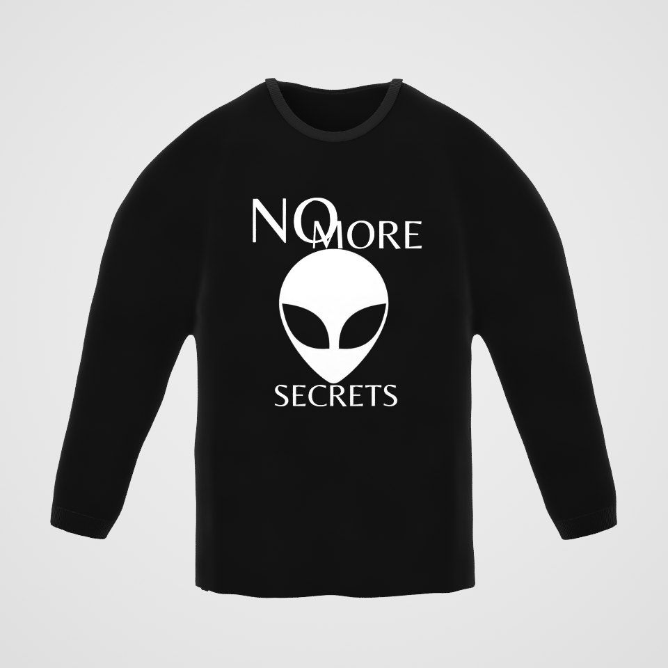 No More Secrets White Alien Face Long Sleeve Tee, 360° view at 0° (3D render of the real print)