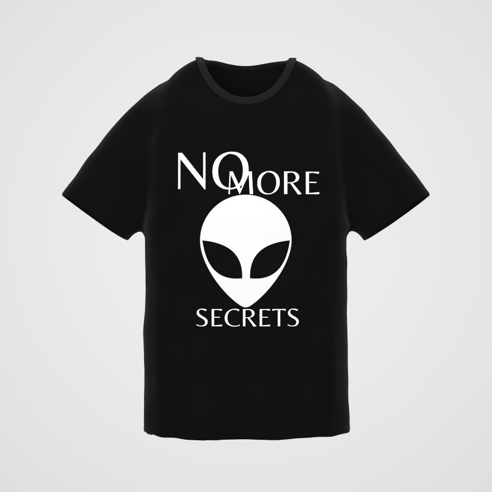 No More Secrets White Alien Face Tee, 360° view at 0° (3D render of the real print)