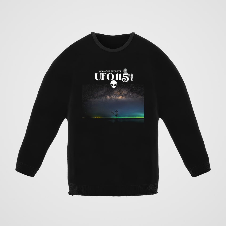Sky Watcher Glowy Nights Crewneck Sweatshirt, 360° view at 0° (3D render of the real print)