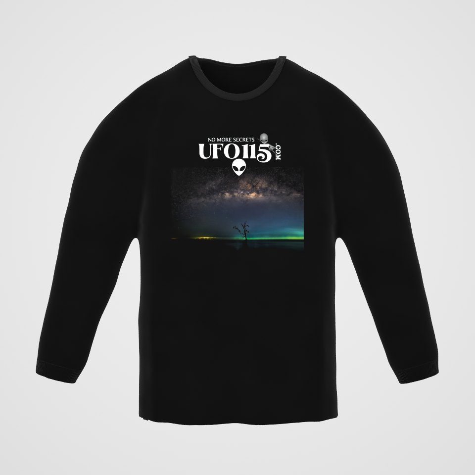 Sky Watcher Glowy Nights Long Sleeve Tee, 360° view at 0° (3D render of the real print)