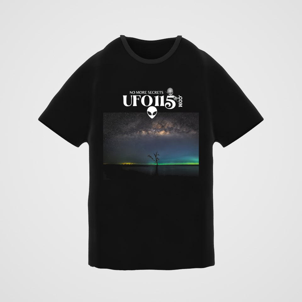 Sky Watcher Glowy Nights Tee, 360° view at 0° (3D render of the real print)