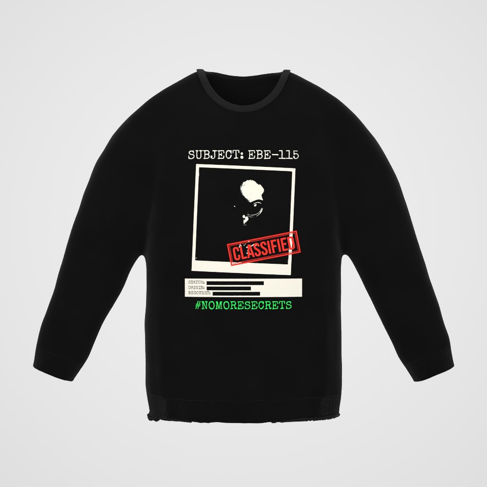 Subject EBE-115 Classified Crewneck Sweatshirt, 360° view at 0° (3D render of the real print)