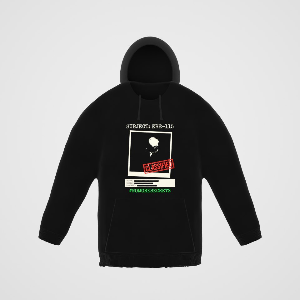 Subject EBE-115 Classified Hoodie, 360° view at 0° (3D render of the real print)