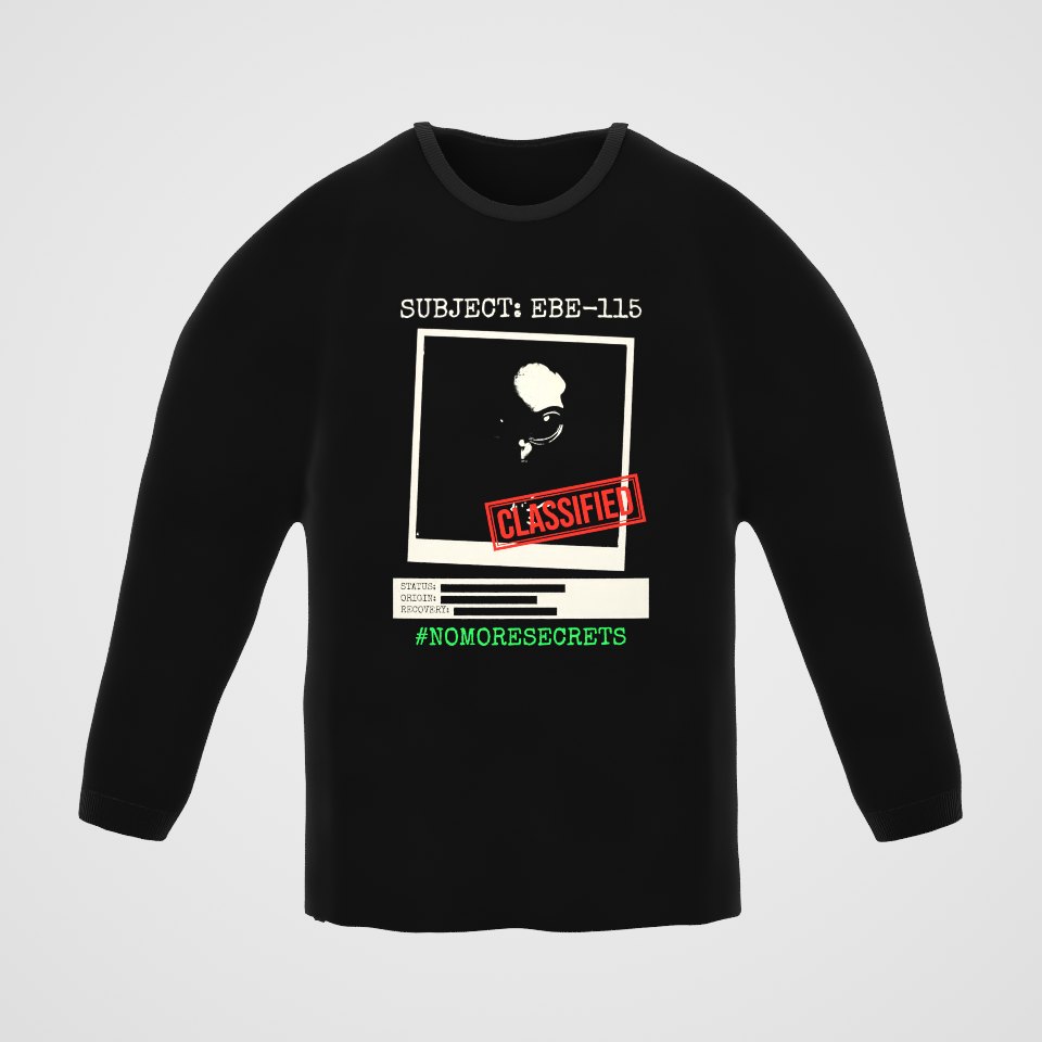 Subject EBE-115 Classified Long Sleeve Tee, 360° view at 0° (3D render of the real print)