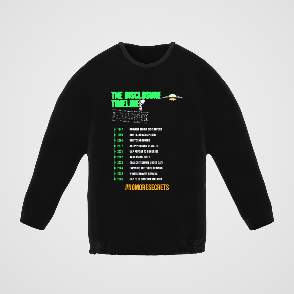 The Disclosure Timeline Crewneck Sweatshirt, 360° view at 0° (3D render of the real print)