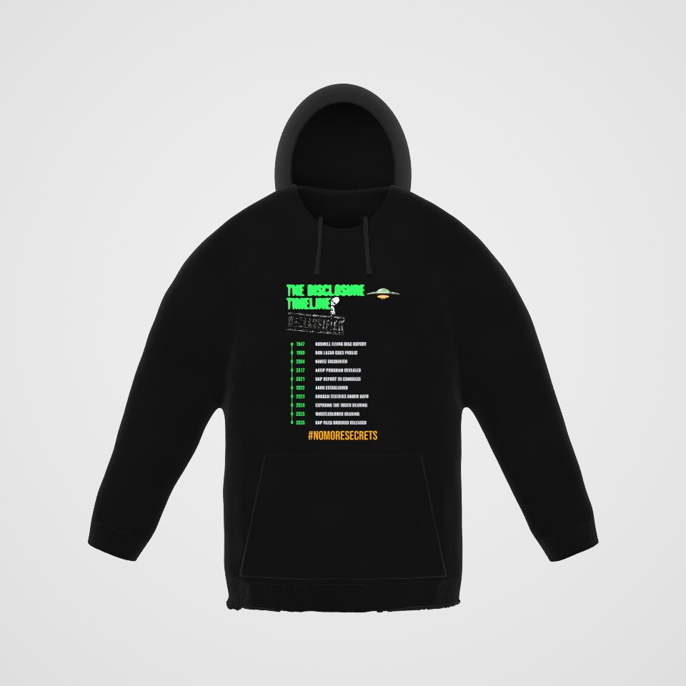 The Disclosure Timeline Hoodie, 360° view at 0° (3D render of the real print)