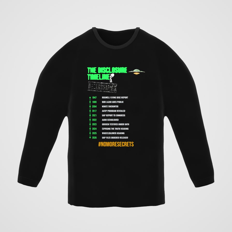 The Disclosure Timeline Long Sleeve Tee, 360° view at 0° (3D render of the real print)
