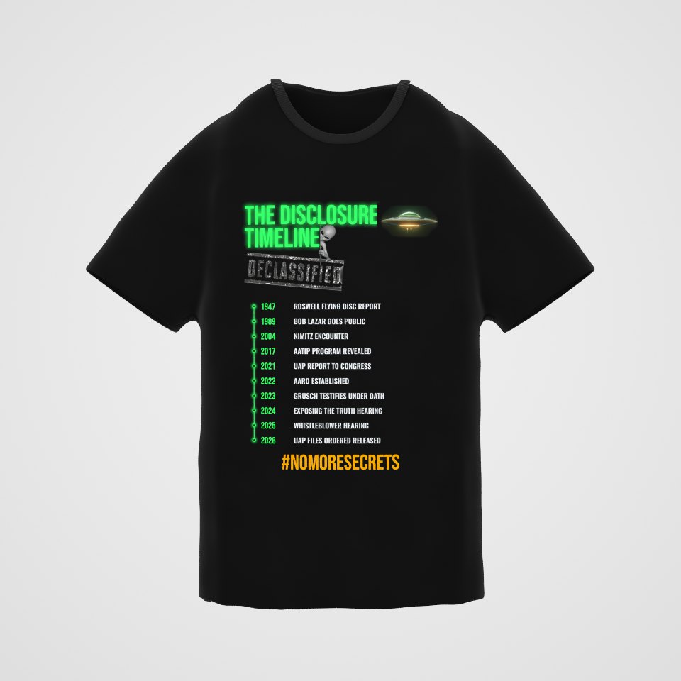The Disclosure Timeline Tee, 360° view at 0° (3D render of the real print)