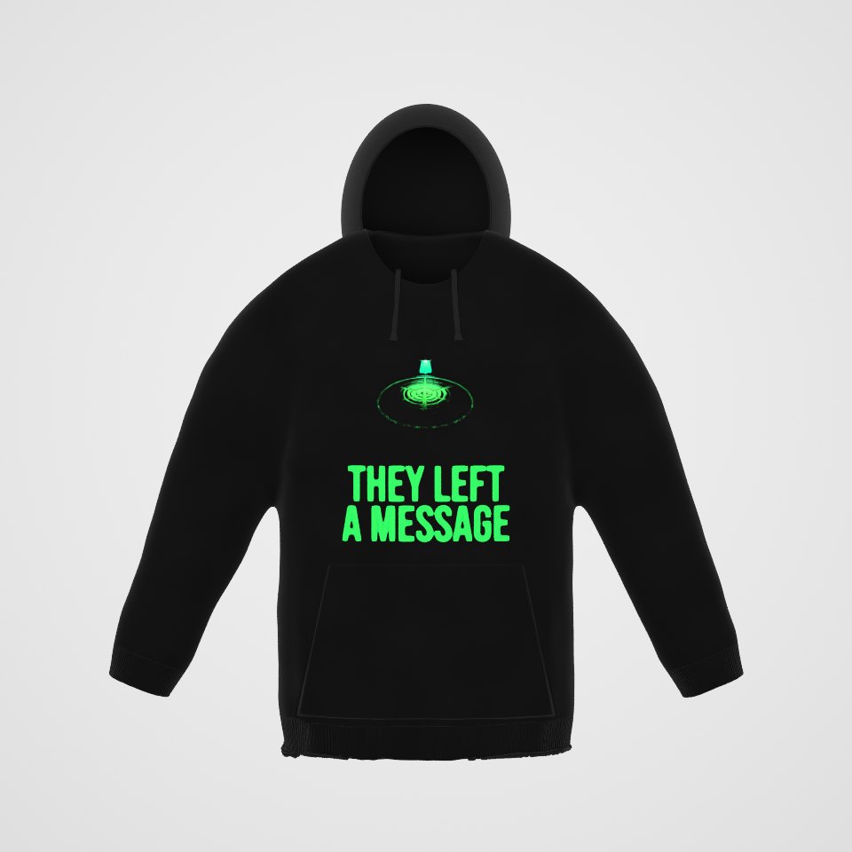 They Left a Message Hoodie, 360° view at 0° (3D render of the real print)