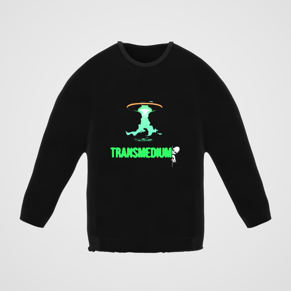 Transmedium Crewneck Sweatshirt, 360° view at 0° (3D render of the real print)